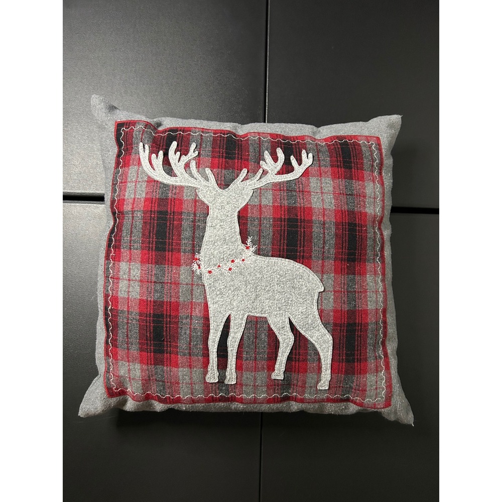 Unbranded Gray Red Plaid Reindeer Throw Pillow